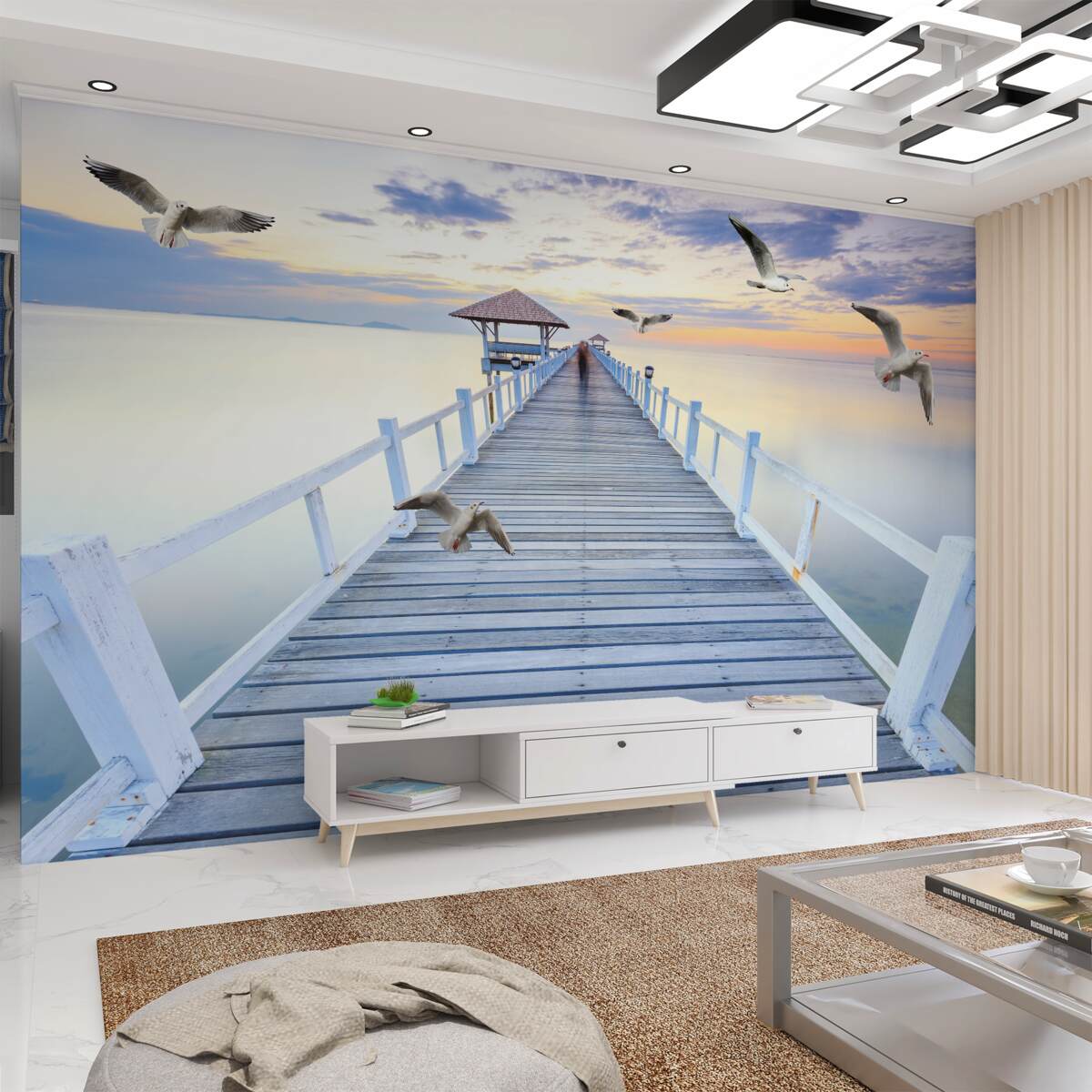 Fototapeta drewniane molo i latające mewy