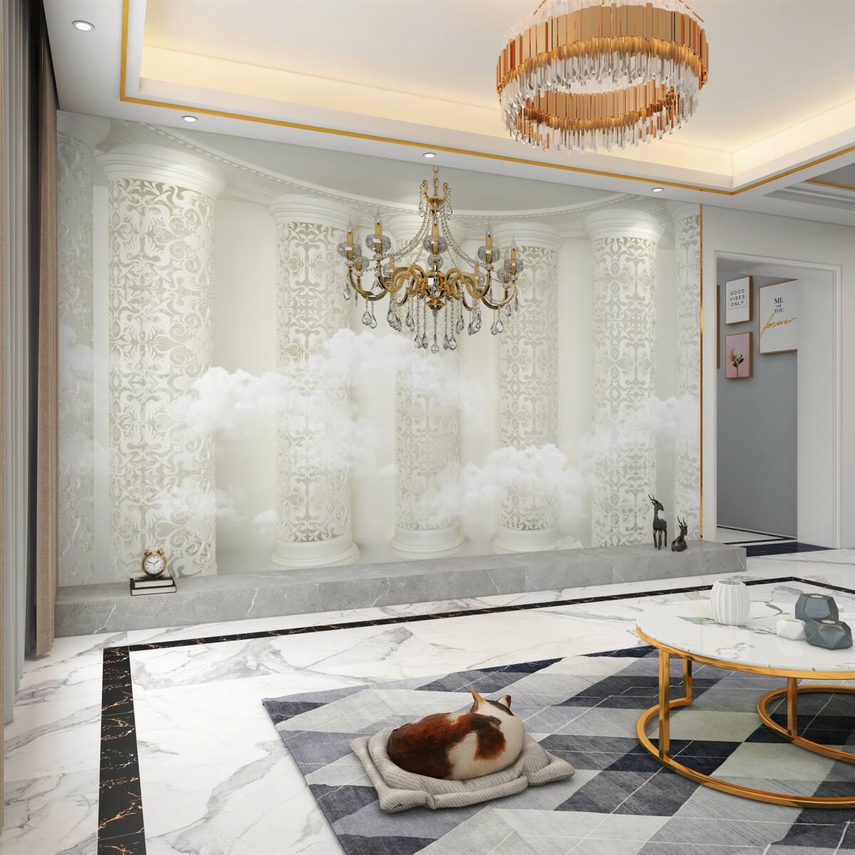 Fototapeta samotny żyrandol wokół łuków