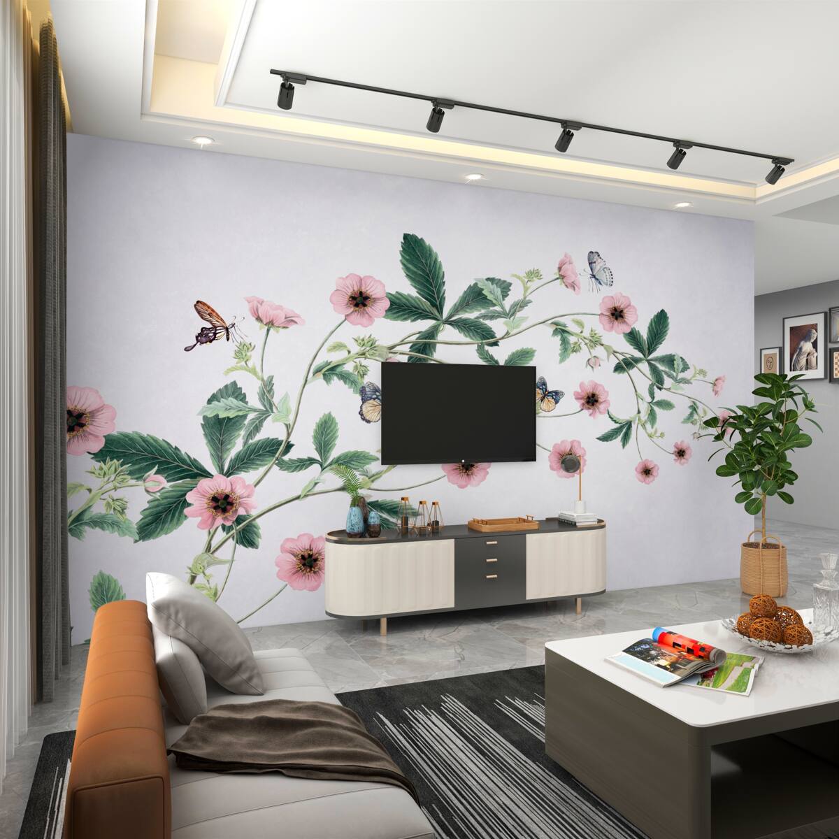 Fototapeta różowe kwiaty na gałęziach na szarym tle