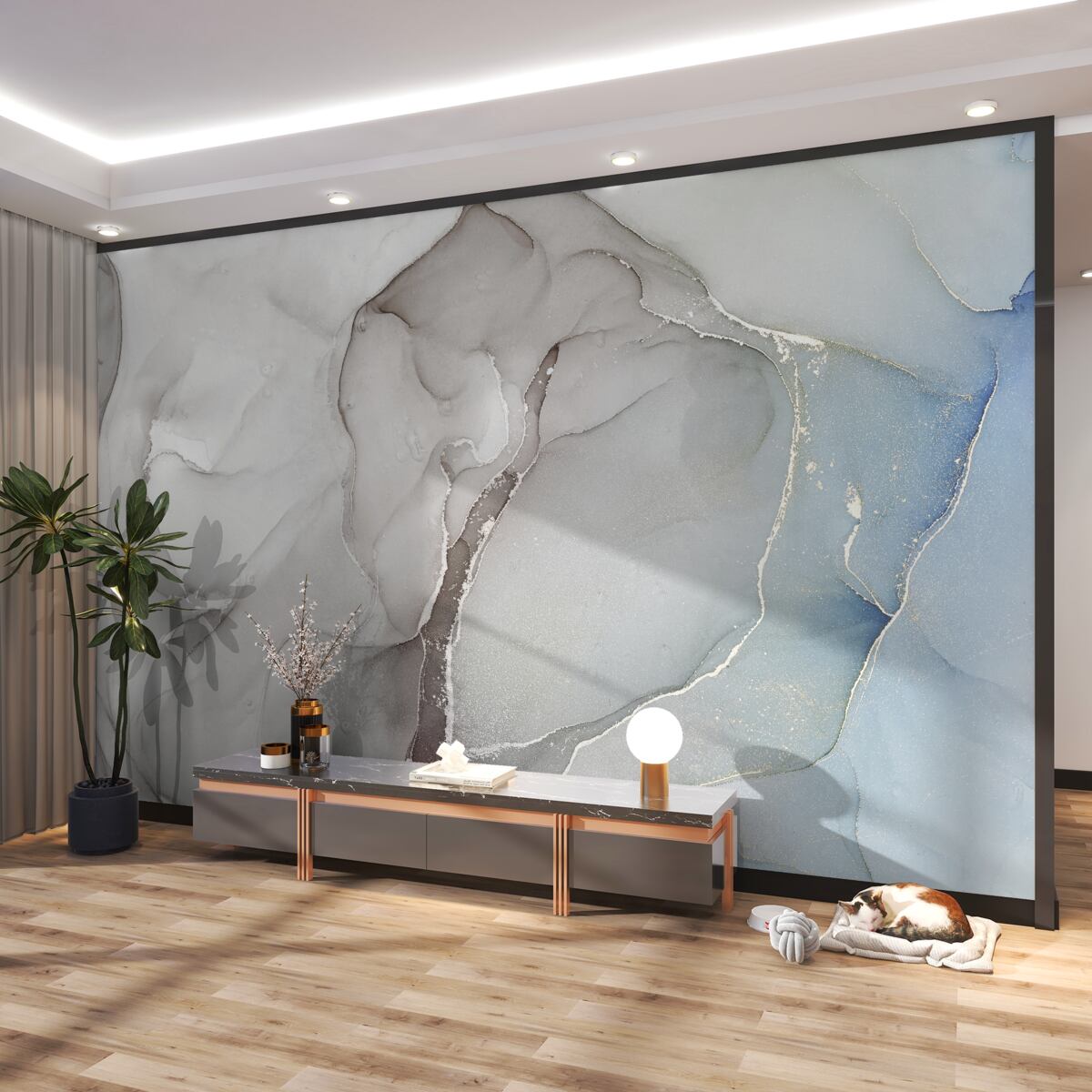 Fototapeta jasnoszary marmur ze złotem i błękitem