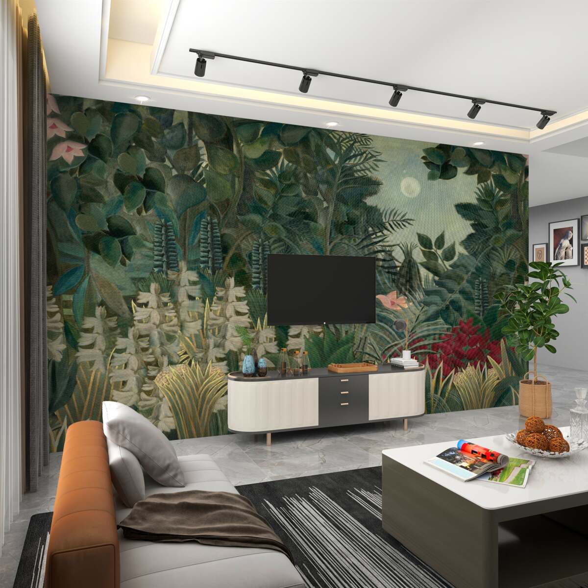 Fototapeta nocne niebo z księżycem w zielonym lesie tropikalnym