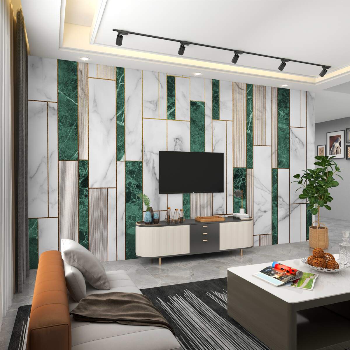 Fototapeta białe i zielone pionowe płytki ze złotem