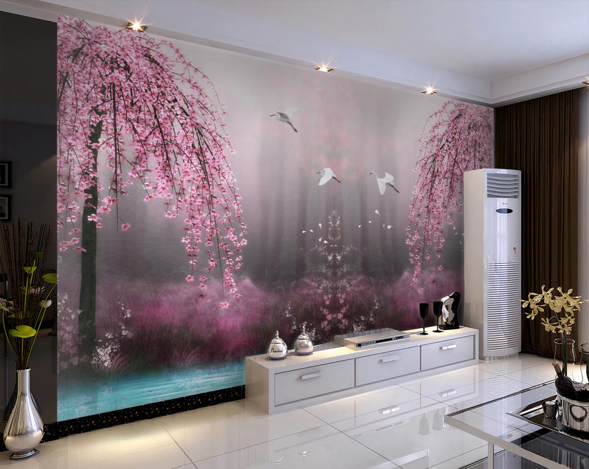 Fototapeta gęste gałęzie sakury w pobliżu błękitnej wody wieczorem