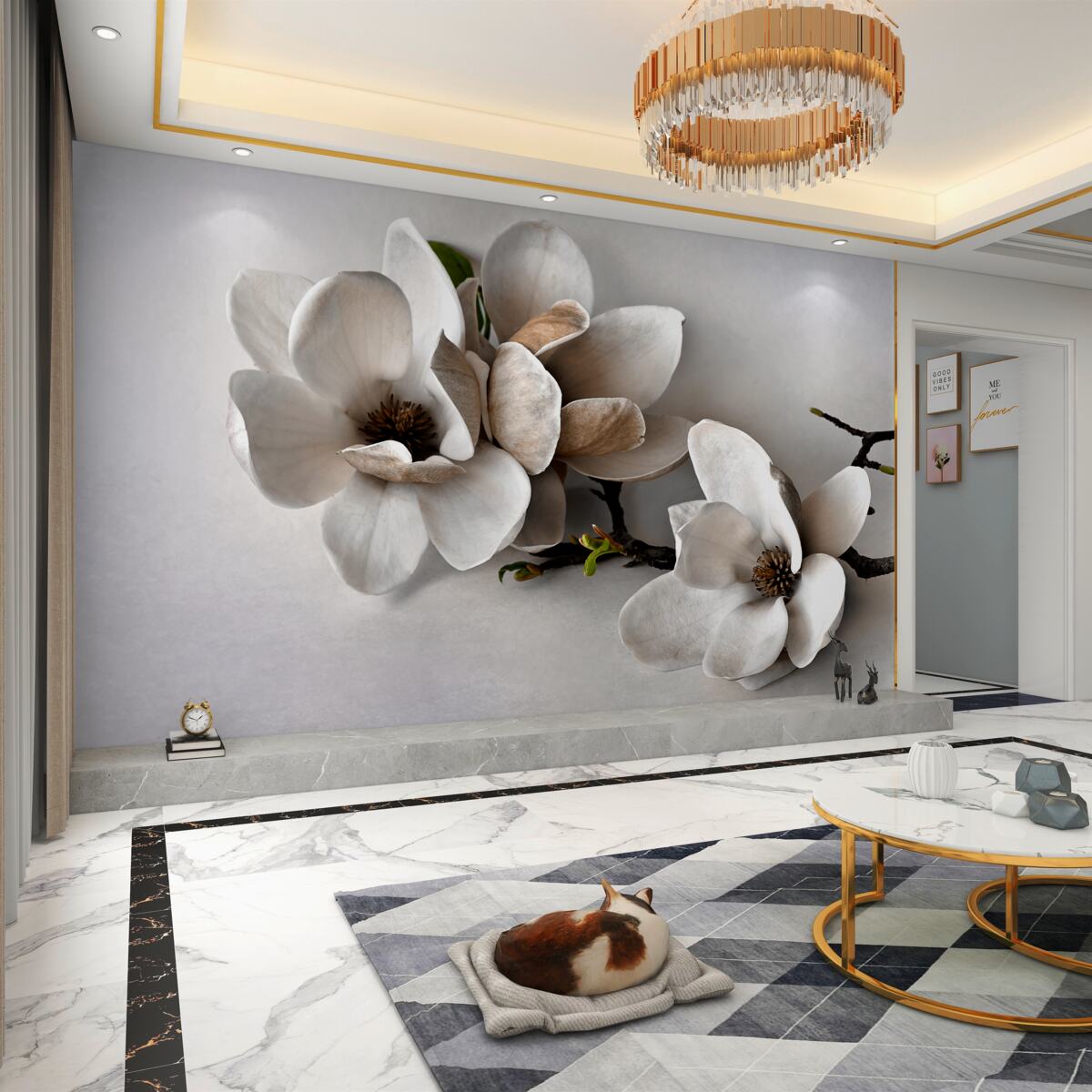 Fototapeta białe kwiaty na gałęzi na szarym tle