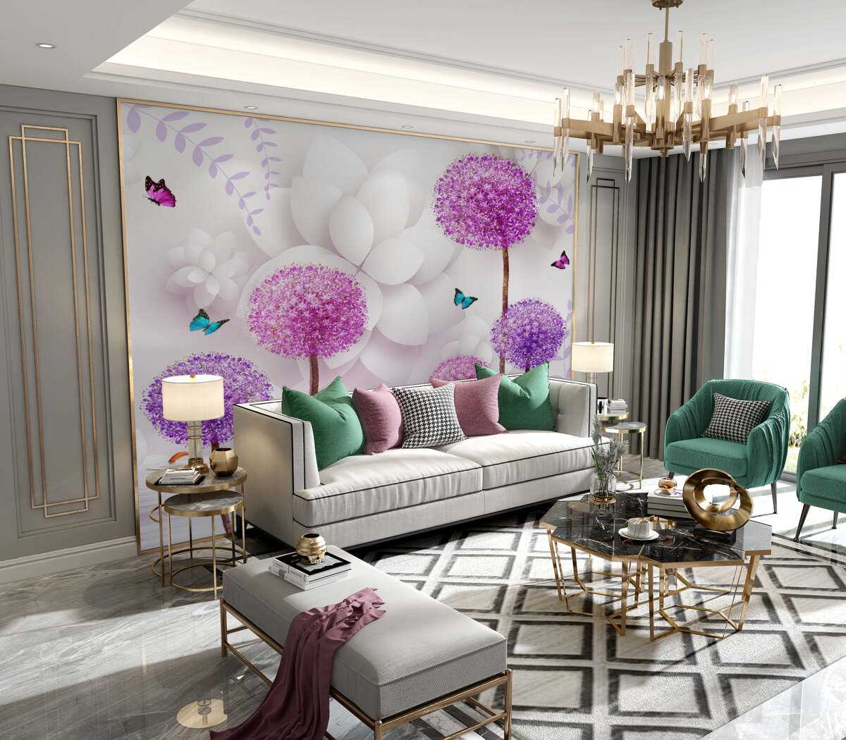 Fototapeta jasny fioletowy mniszek lekarski w pobliżu wody z motylami