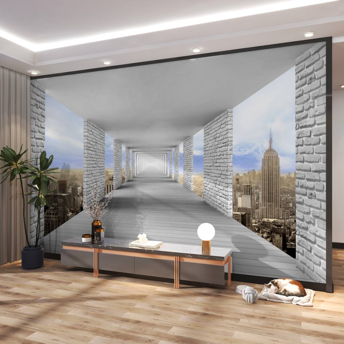 Fototapeta abstrakcyjny korytarz z panoramicznym widokiem na miasto