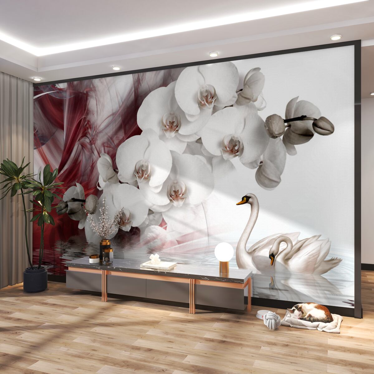 Fototapeta białe pąki orchidei w pobliżu wody z łabędziami