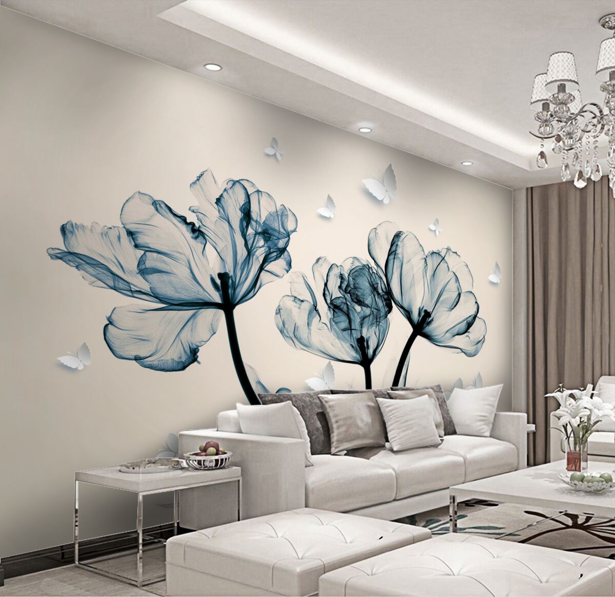 Fototapeta nad kwiatami fruwają białe motyle