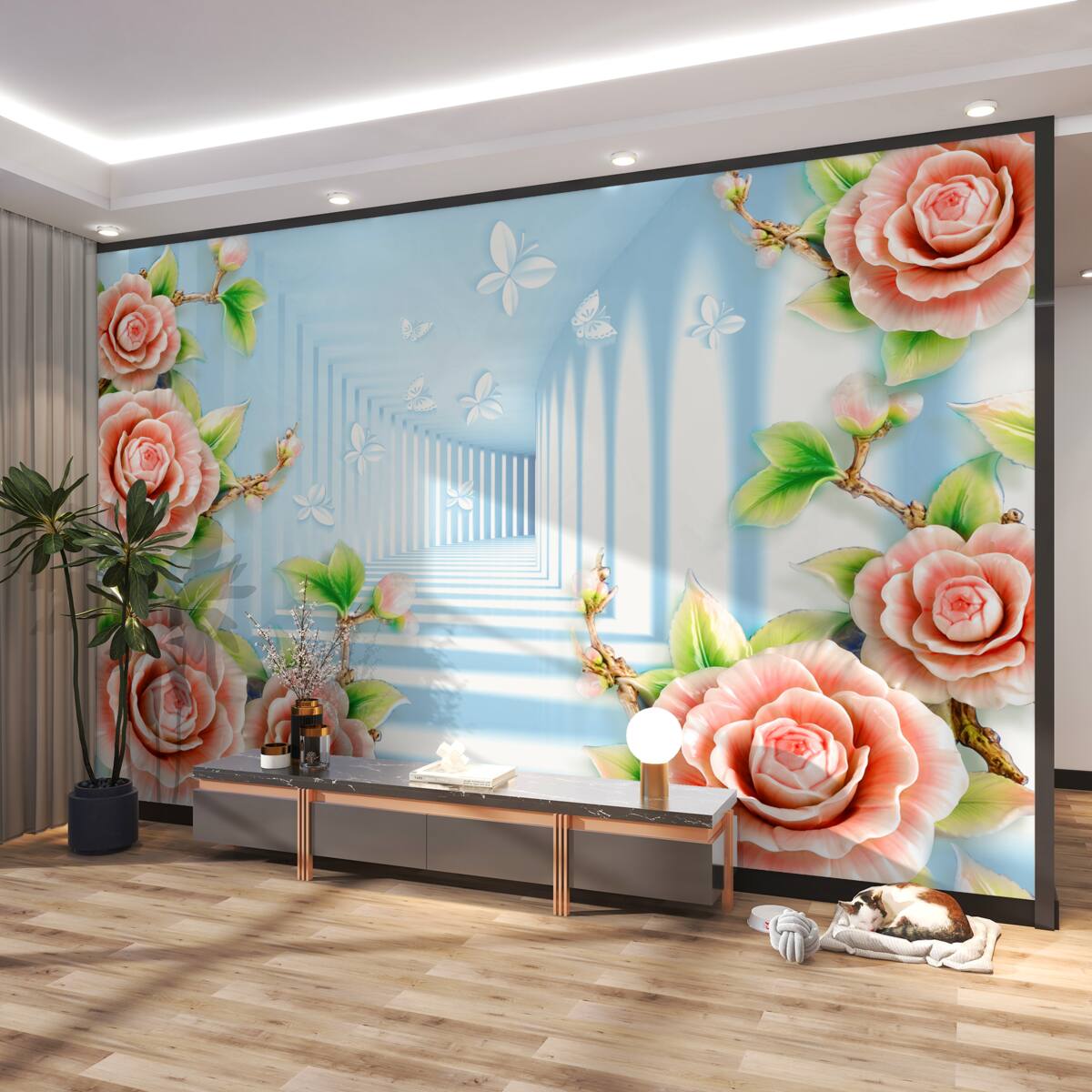 Fototapeta różowe róże w niebieskich tunelach