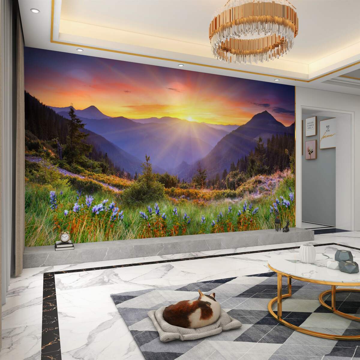 Fototapeta zachód słońca nad górską łąką