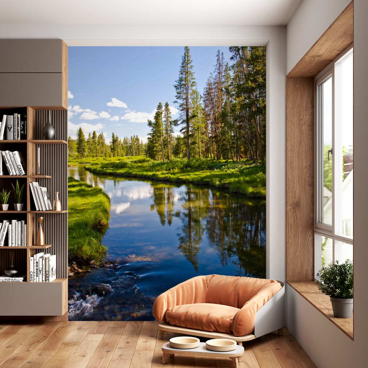 Fototapeta letni strumień w lesie z igłami sosnowymi