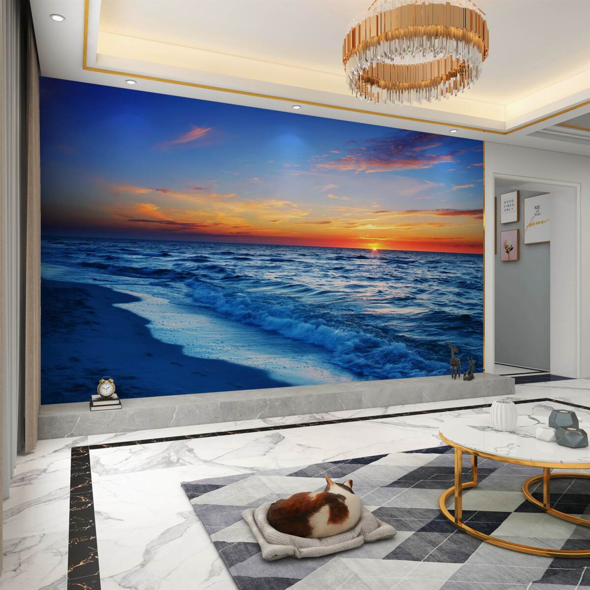 Fototapeta zachód słońca i szalejące fale