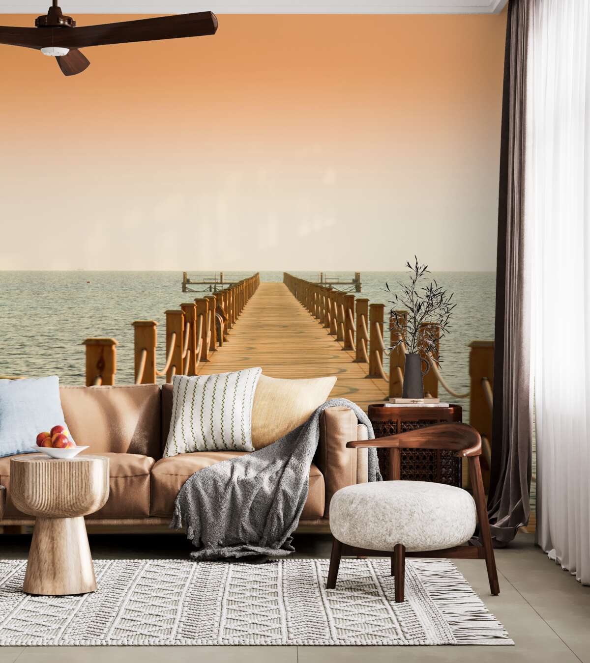 Fototapeta drewniany most do morza o zachodzie słońca