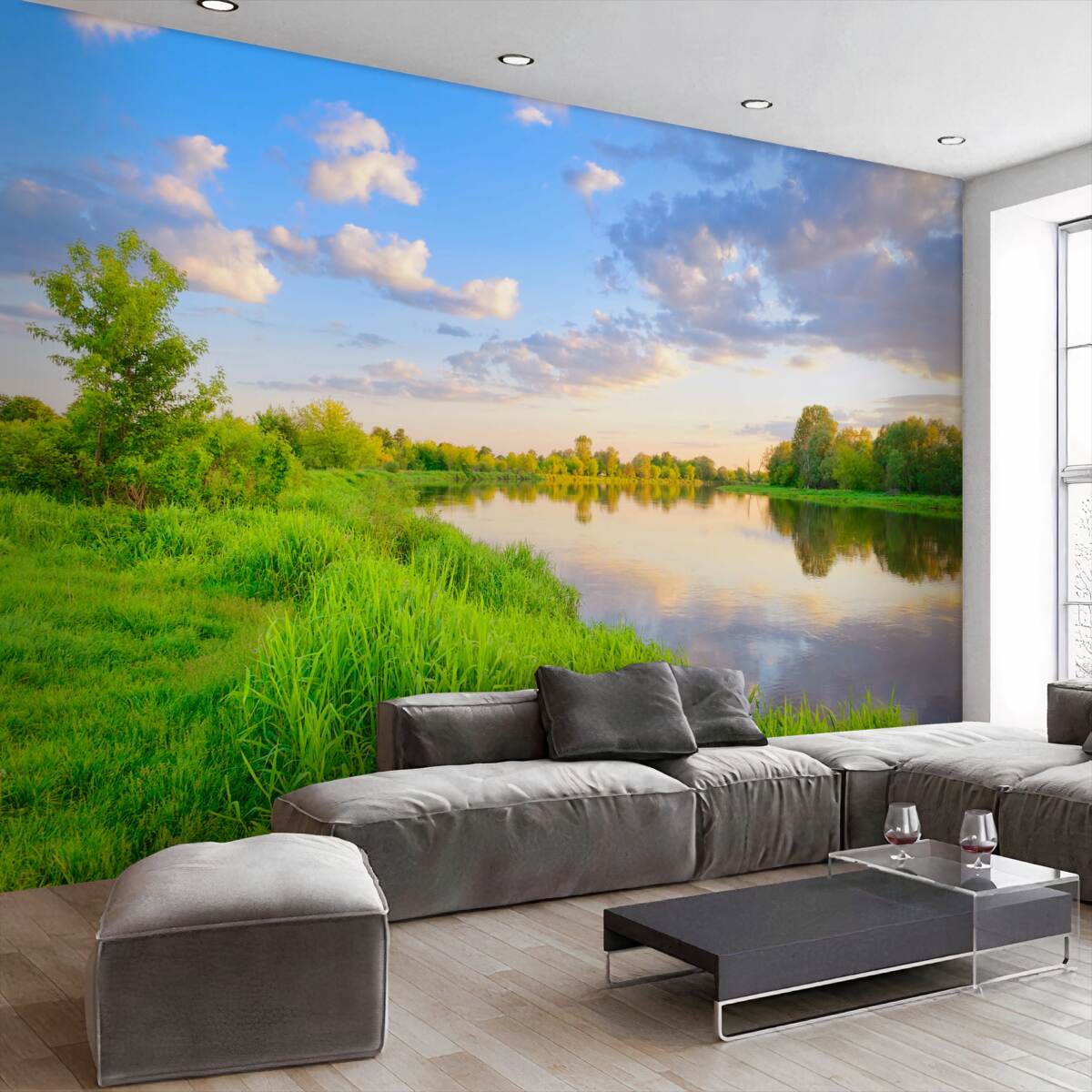 Fototapeta spokojna rzeka w pobliżu zielonej łąki