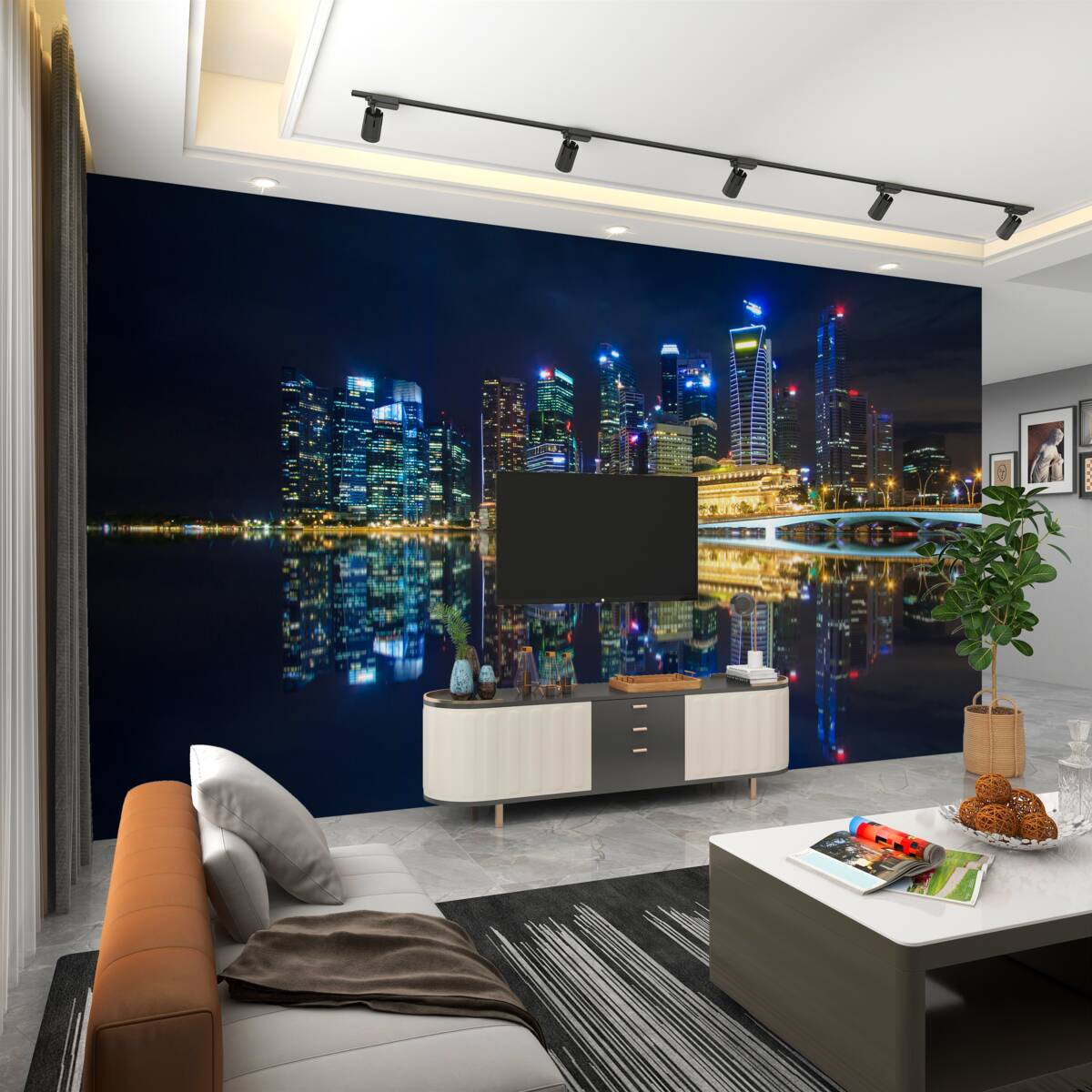 Fototapeta miasto nocą w wodzie odbicie w podświetleniu