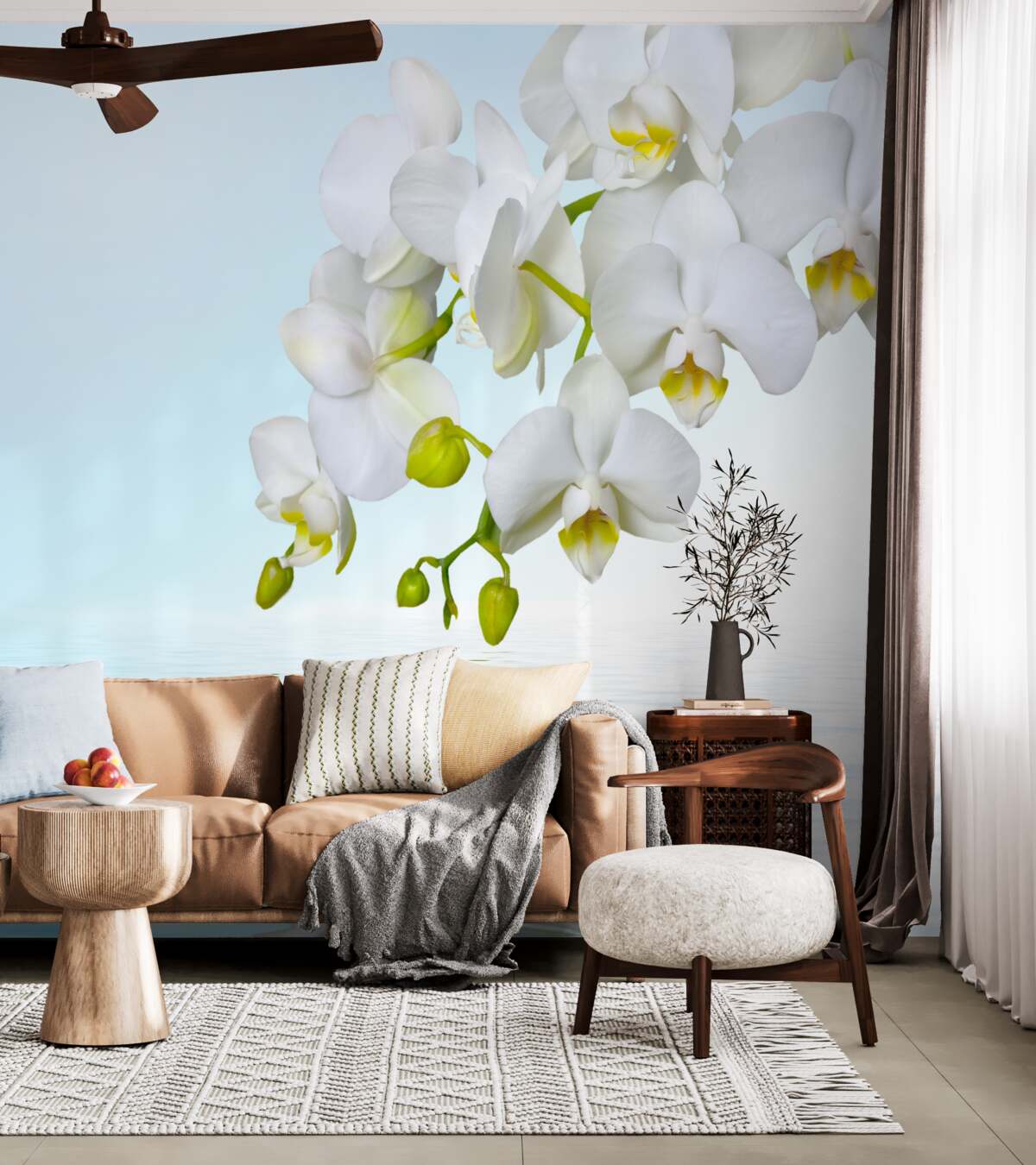 Fototapeta gałąź białej orchidei w pobliżu spokojnej wody