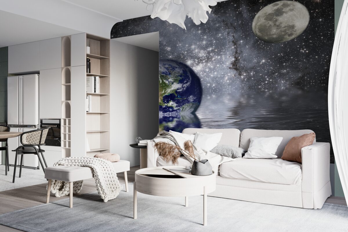 Fototapeta ziemia i księżyc w przestrzeni w pobliżu wody