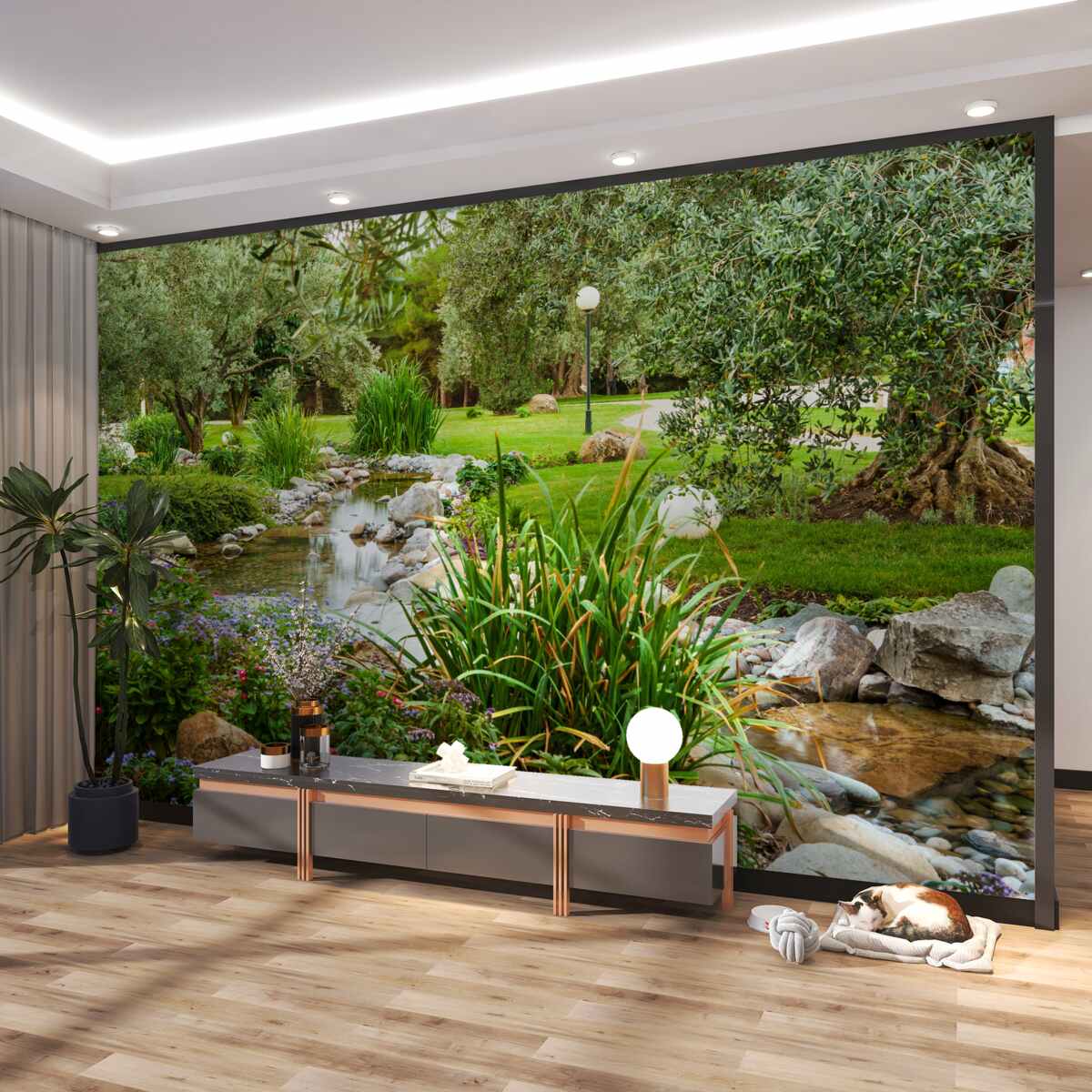 Fototapeta strumień pośrodku zielonej łąki