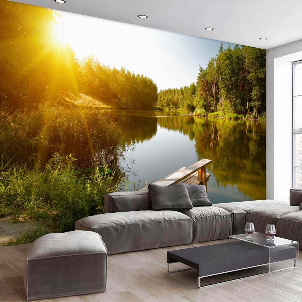 Fototapeta jasny świt w lesie nad wodą