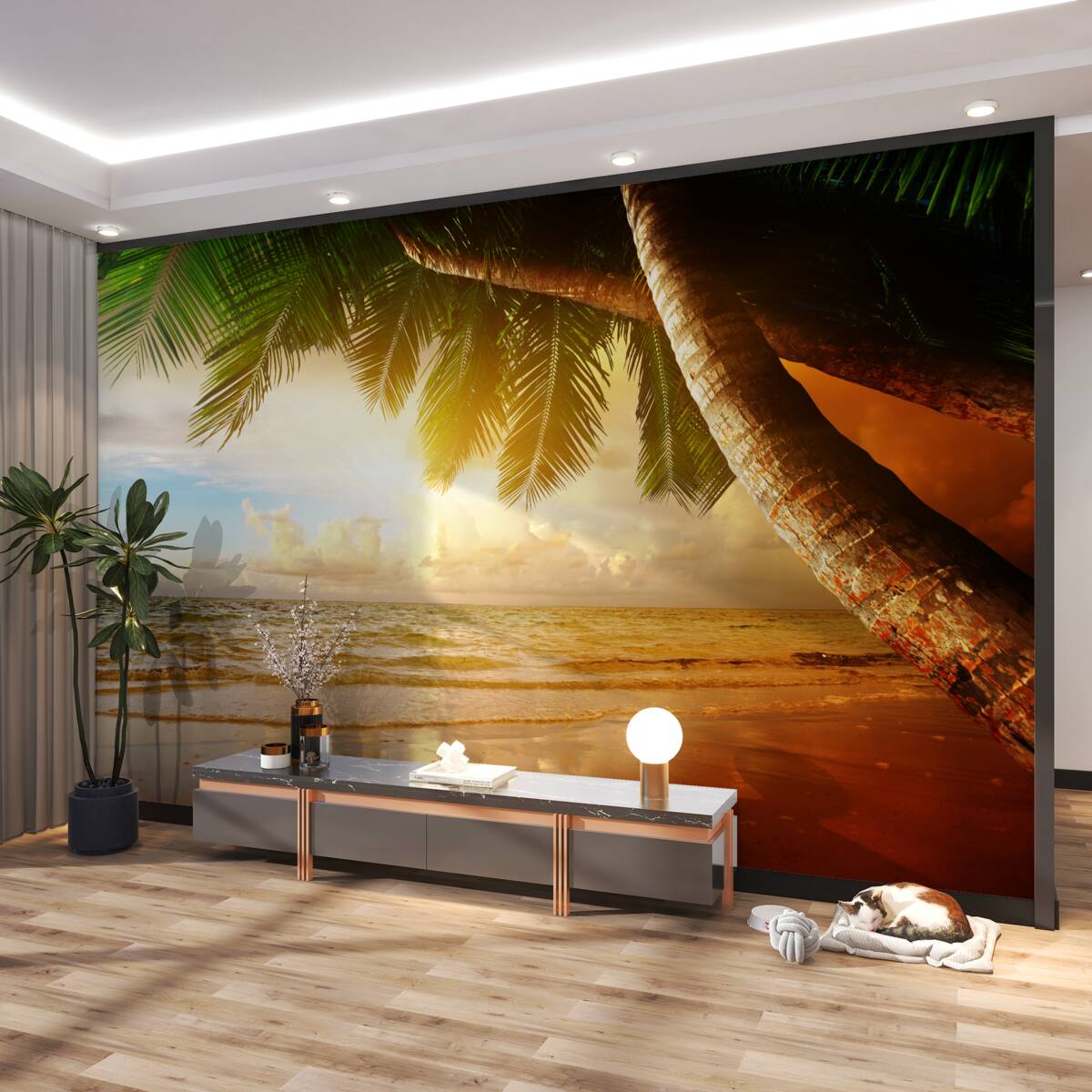 Fototapeta tropikalna palma nad wodą o zachodzie słońca