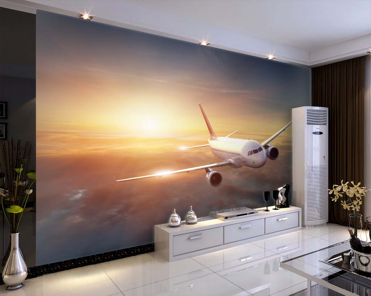 Fototapeta samolot leci do zachodu słońca