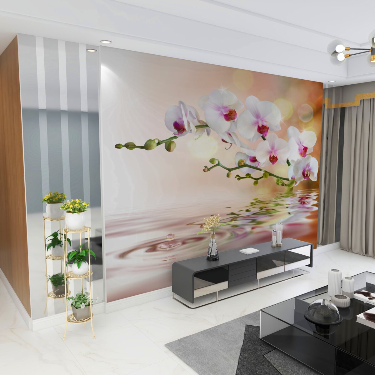 Fototapeta gałąź białej orchidei na wodzie w odbiciu