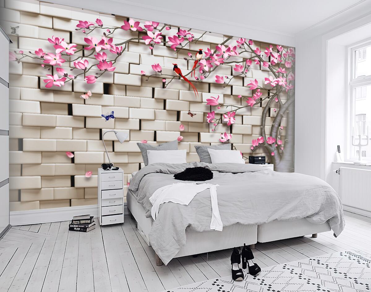 Fototapeta kwiaty wiśni na tle cegły