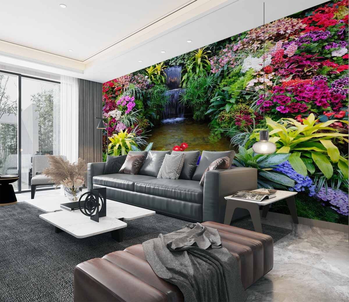 Fototapeta tropikalne kwiaty w pobliżu górskiego wodospadu