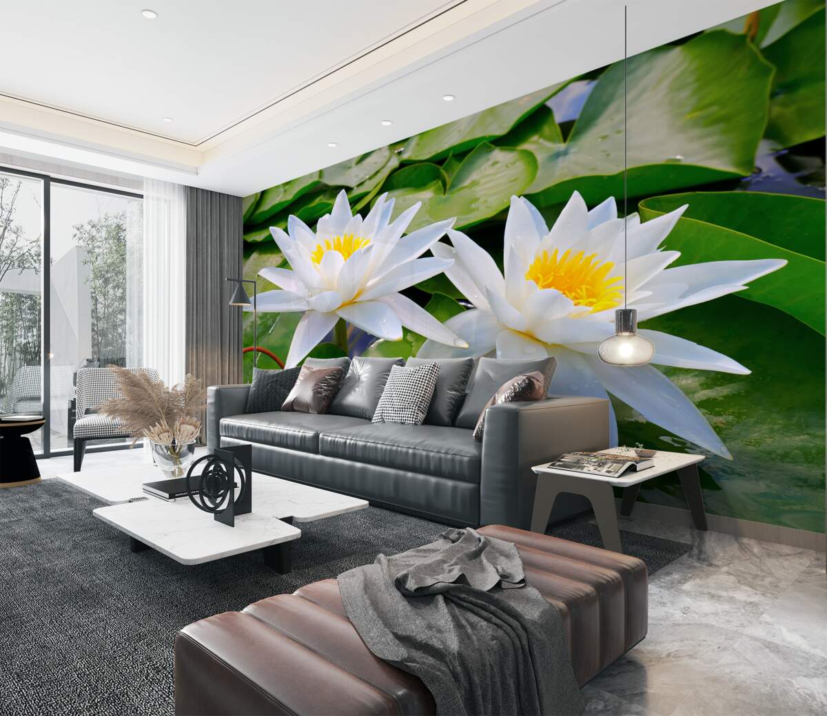 Fototapeta białe lilie wodne w zieleni