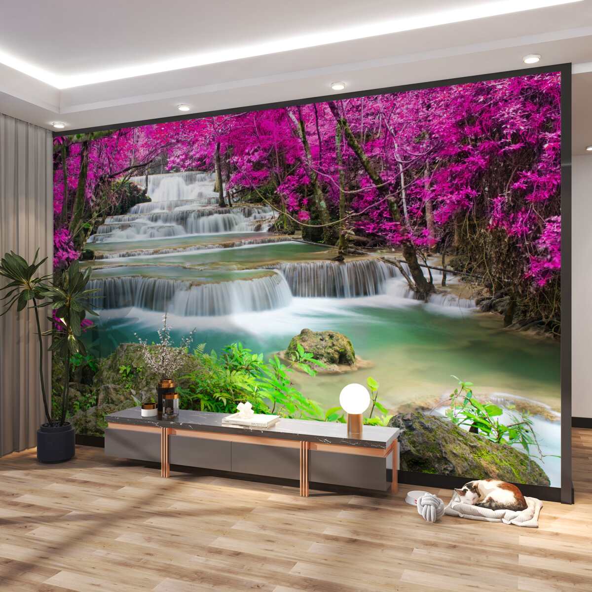 Fototapeta kwitnące drzewa obok kaskadowego wodospadu