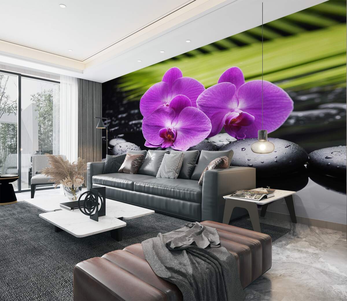 Fototapeta fioletowa orchidea na czarnym kamieniu w pobliżu wody