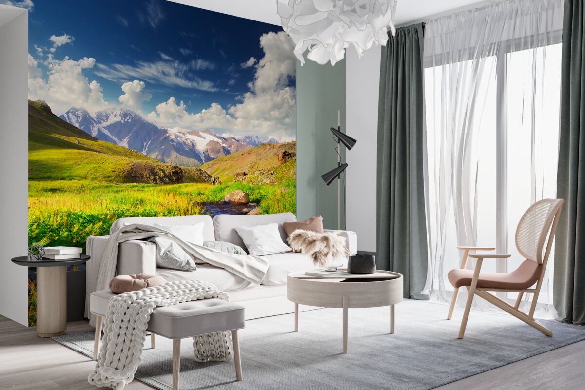 Fototapeta górska rzeka pośrodku łąki