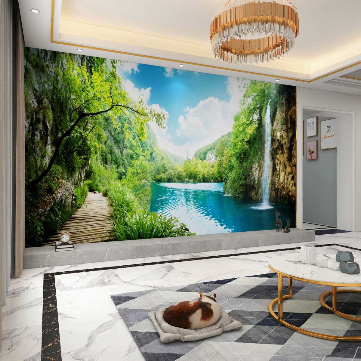 Fototapeta kaskadowy wodospad i leśna ścieżka