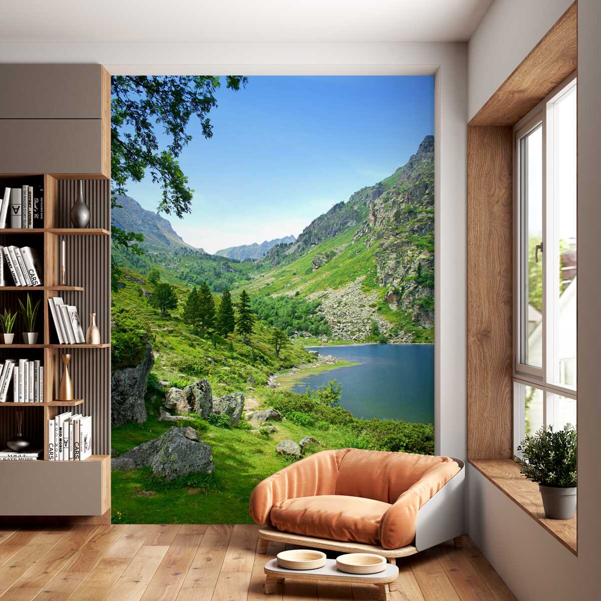 Fototapeta jezioro pośrodku gór w zieleni