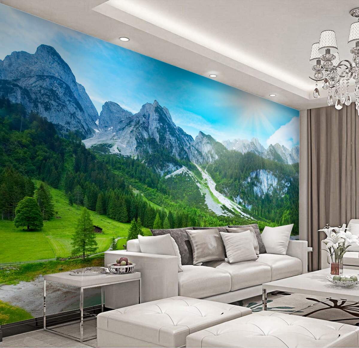 Fototapeta ośnieżone szczyty górskie i zielony las