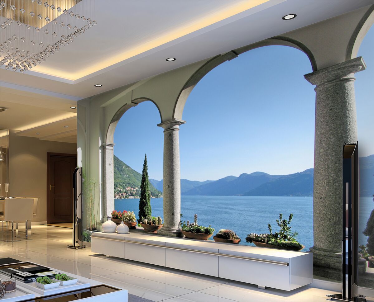 Fototapeta łukowaty balkon z widokiem na wodę i góry