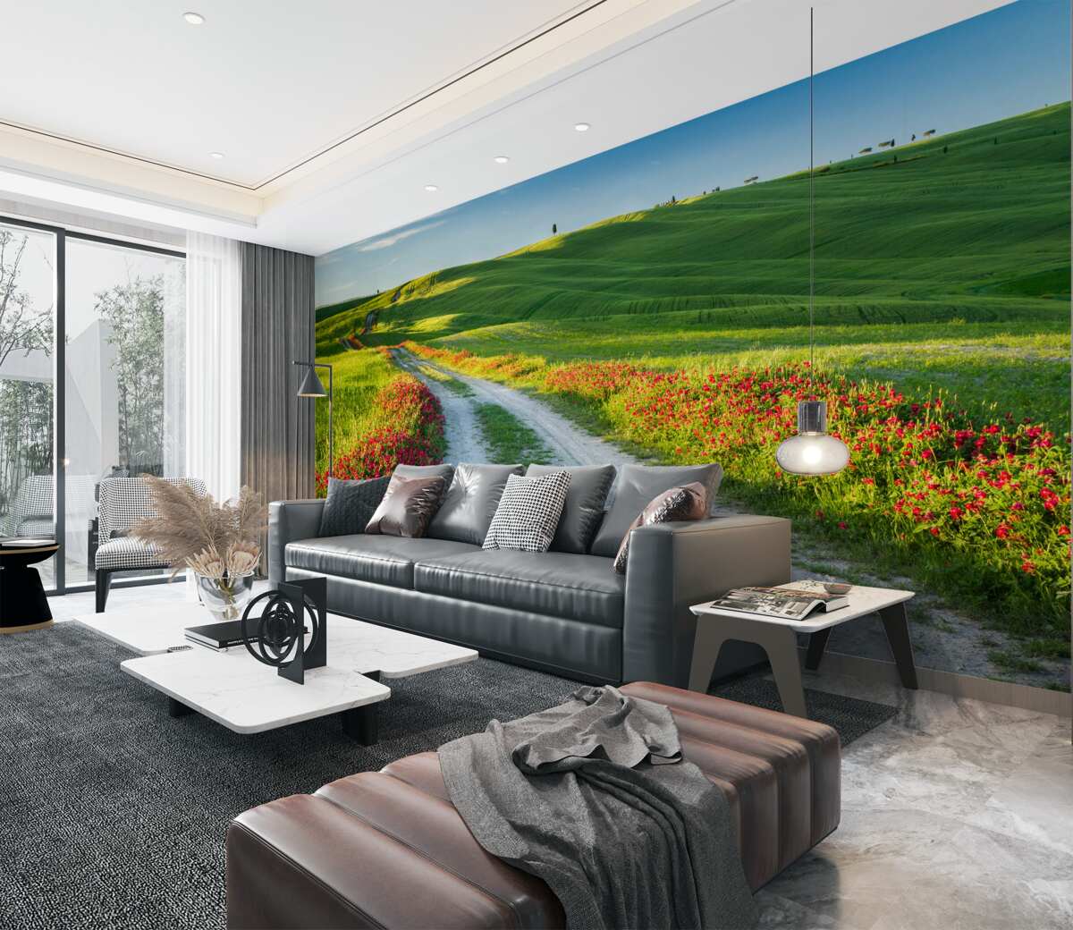 Fototapeta górska droga wśród zielonych pól