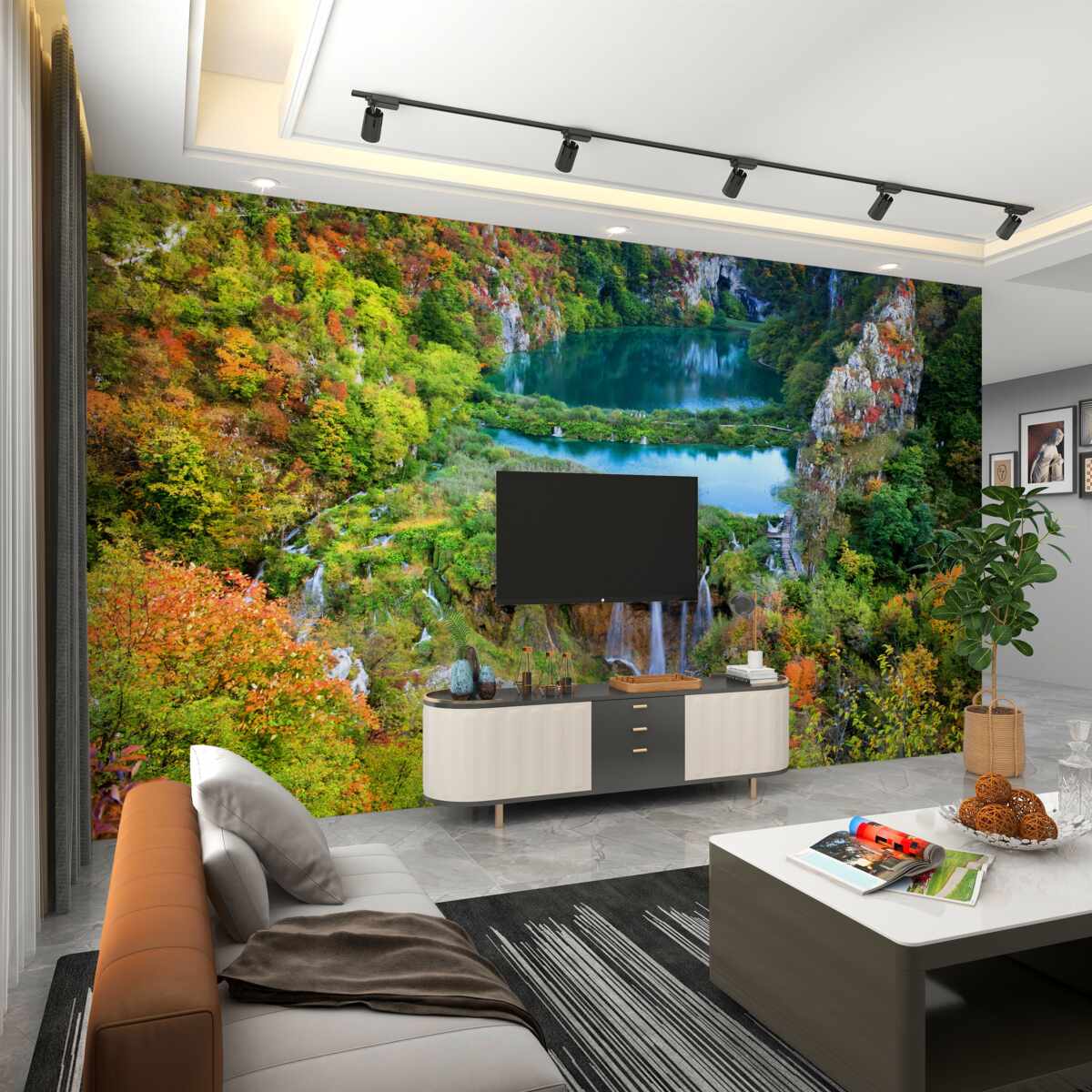 Fototapeta spadający wodospad w jesiennym lesie