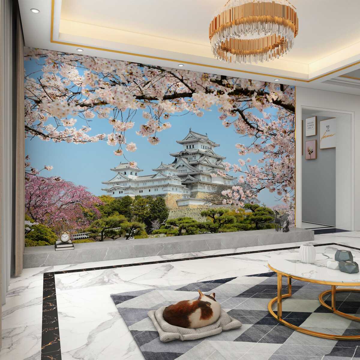 Fototapeta stary japoński dom z różową sakurą