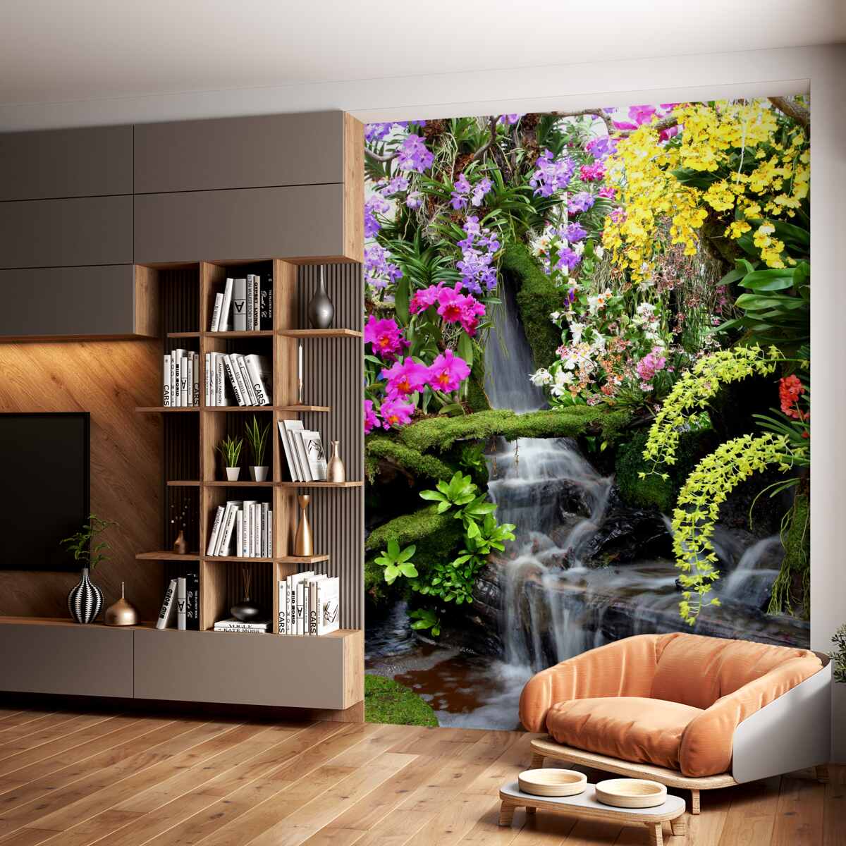 Fototapeta kaskadowy wodospad obok jasnych kwiatów