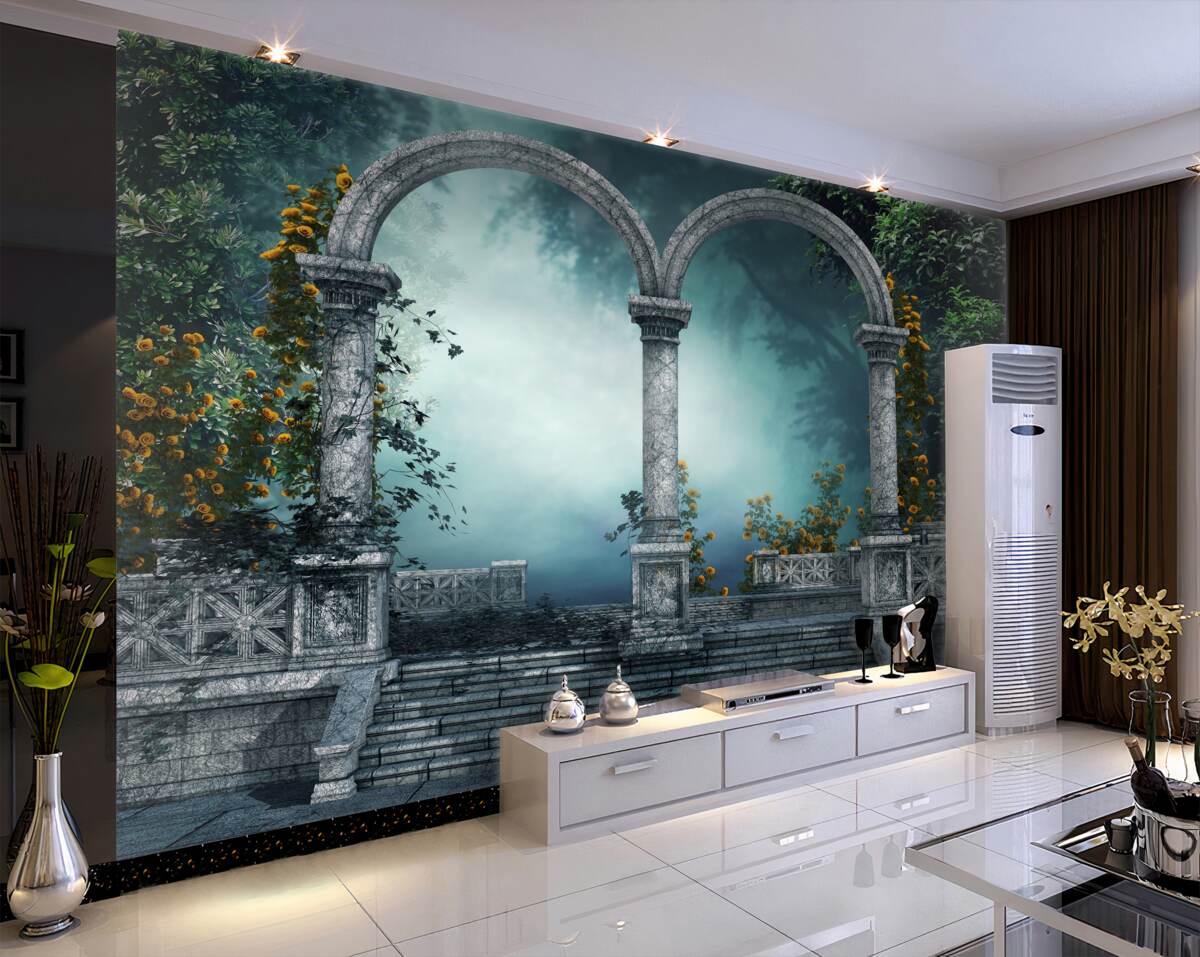 Fototapeta stary okrągły łuk w mglistym lesie