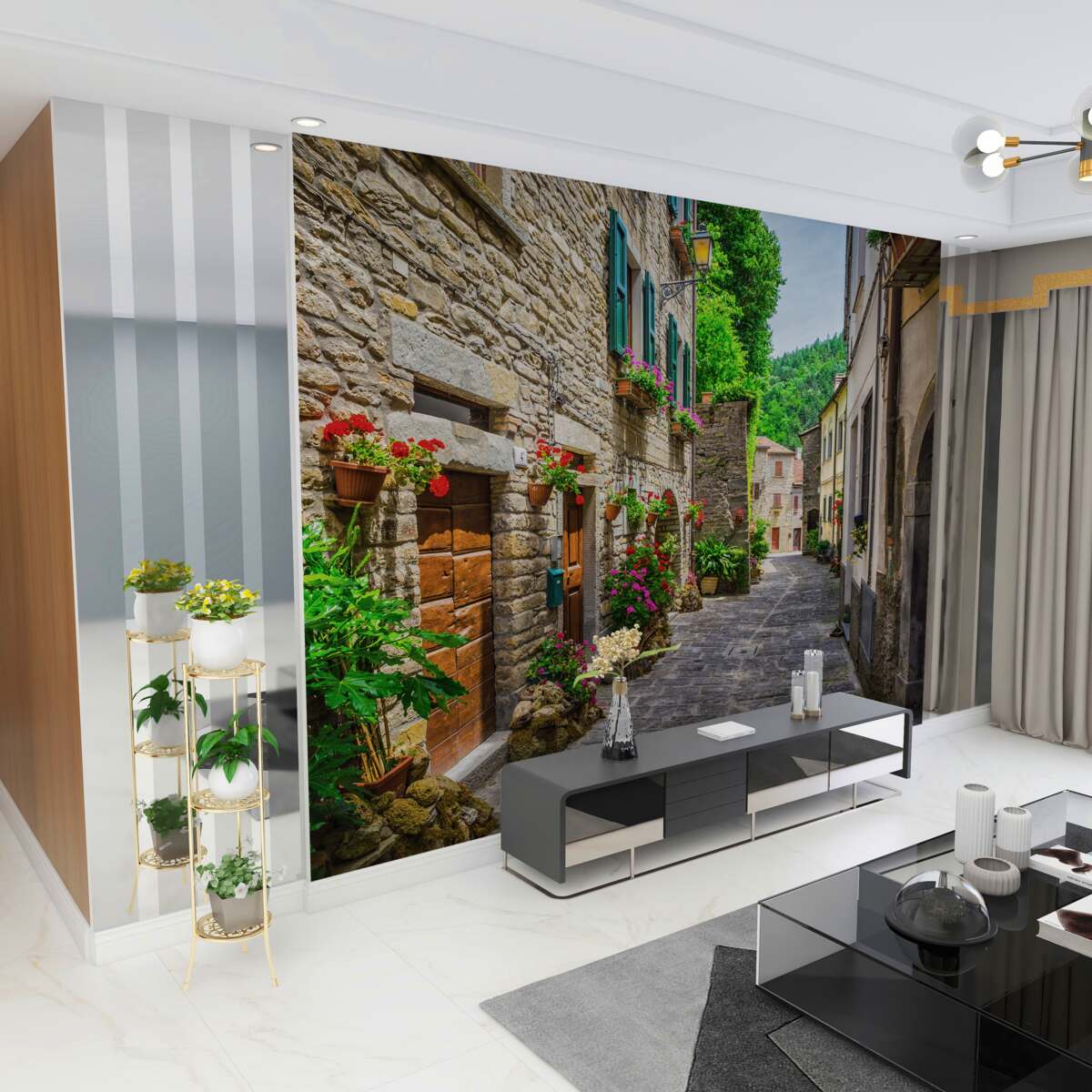 Fototapeta kamienna ulica starego miasta w zieleni