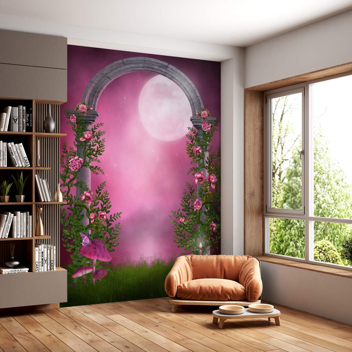 Fototapeta jasny księżyc i kwiecisty kamienny łuk