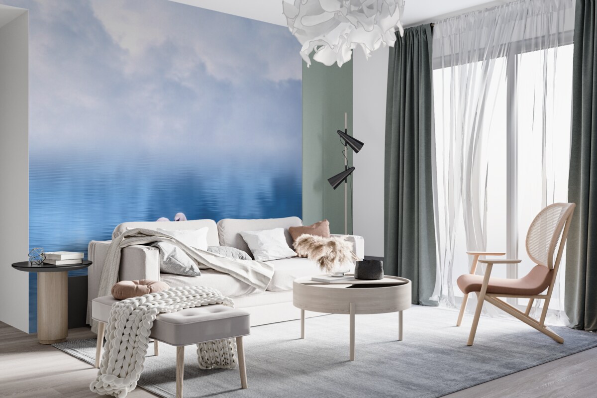 Fototapeta rodzina białych łabędzi w mglistym górskim jeziorze