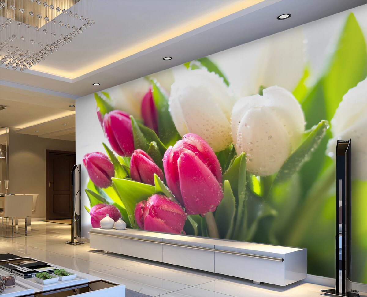 Fototapeta bukiet białych tulipanów i bzu w rosie