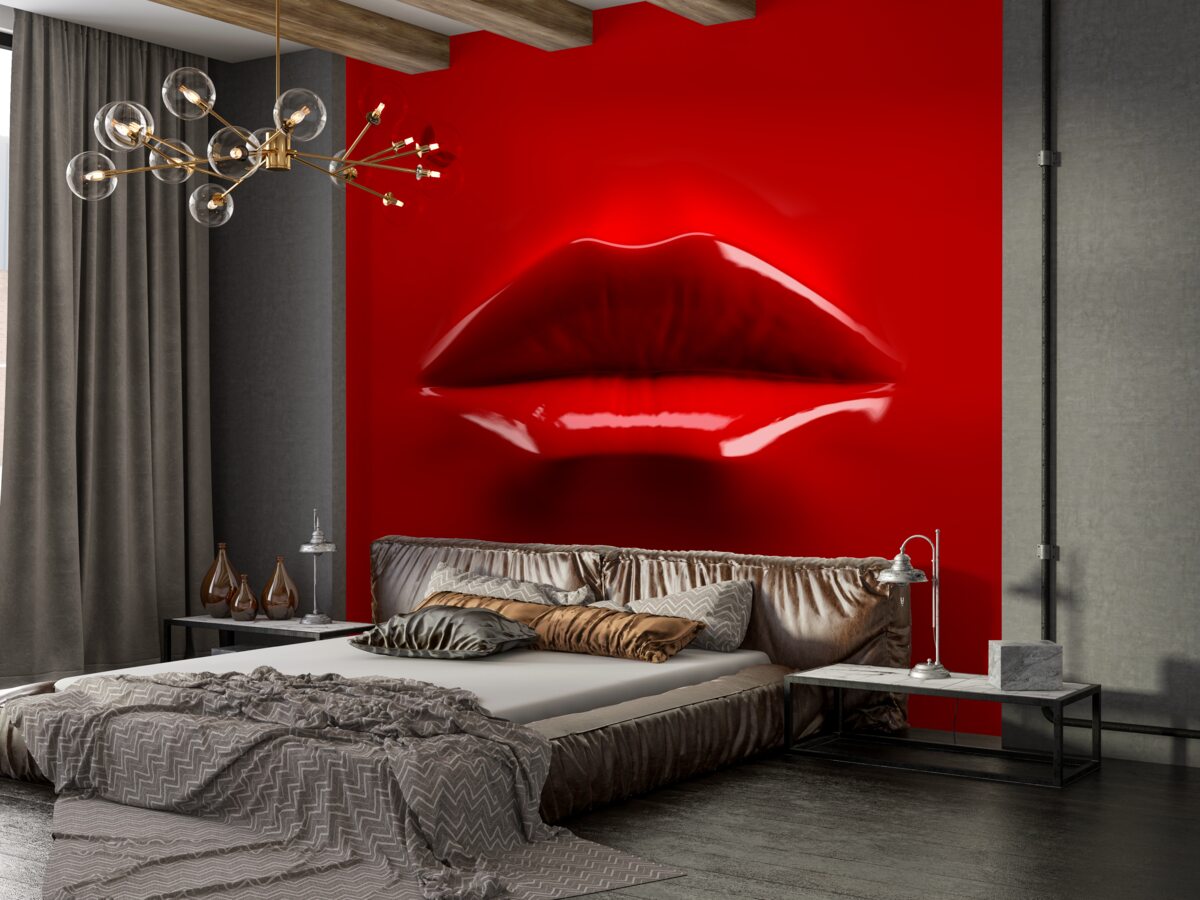 Fototapeta soczyste czerwone usta na czerwonym tle