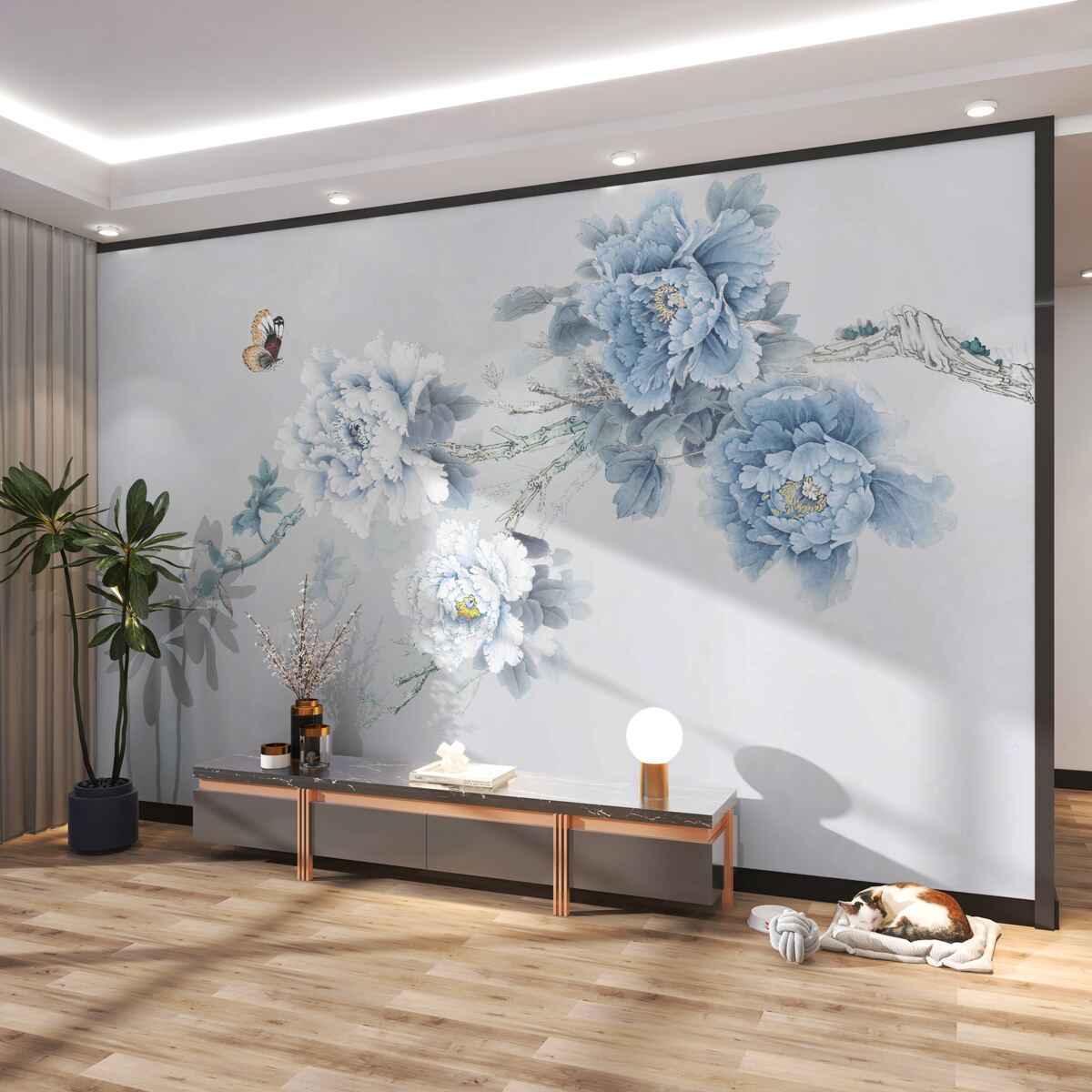 Fototapeta motyl w pobliżu gałęzi kwitnących kwiatów