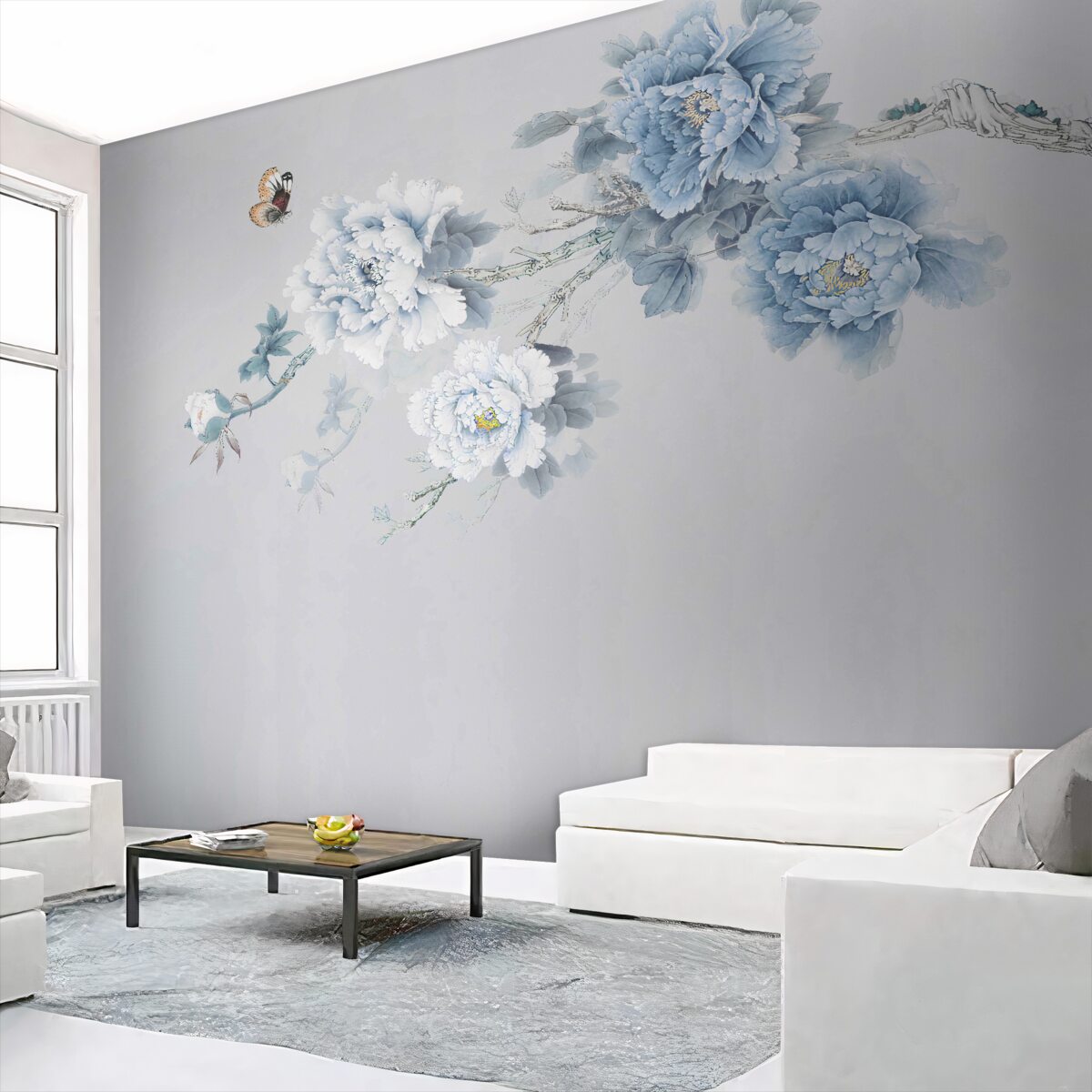 Fototapeta białe i niebieskie pąki kwiatowe na szarym tle