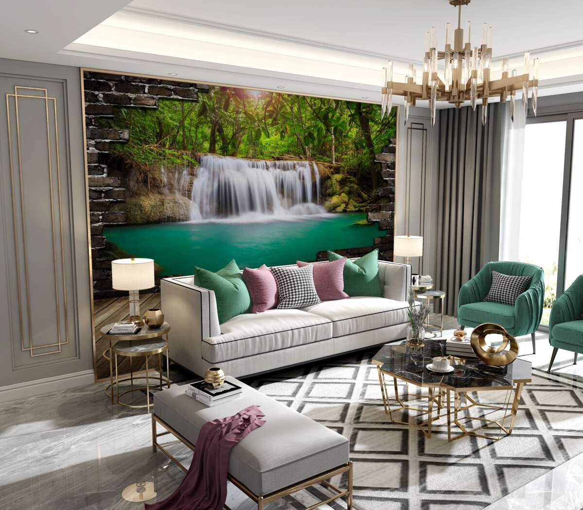 Fototapeta spadający wodospad w pobliżu drewnianego mostu