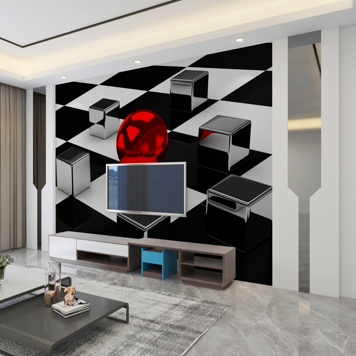 Fototapeta czerwona kula i prostokąty w lustrze